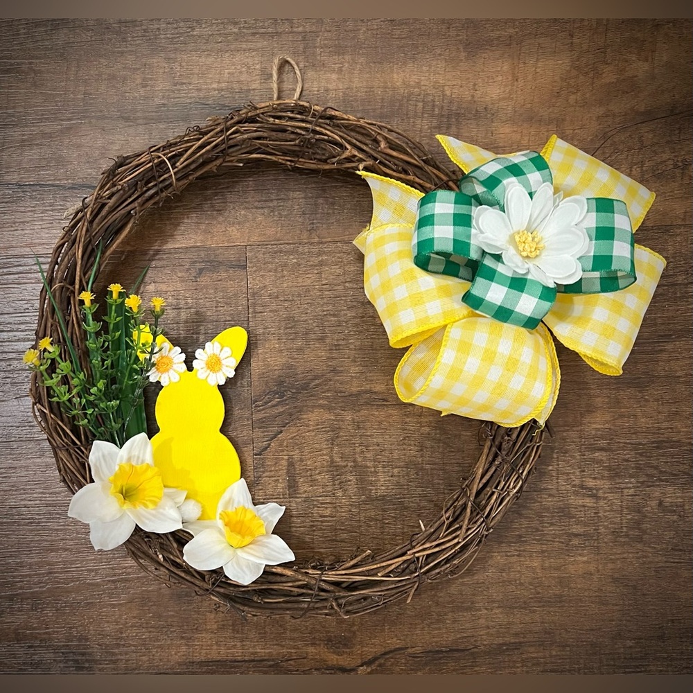 Hand Crafted Spring/Easter Wreath with Yellow and Green Flowers & Bow